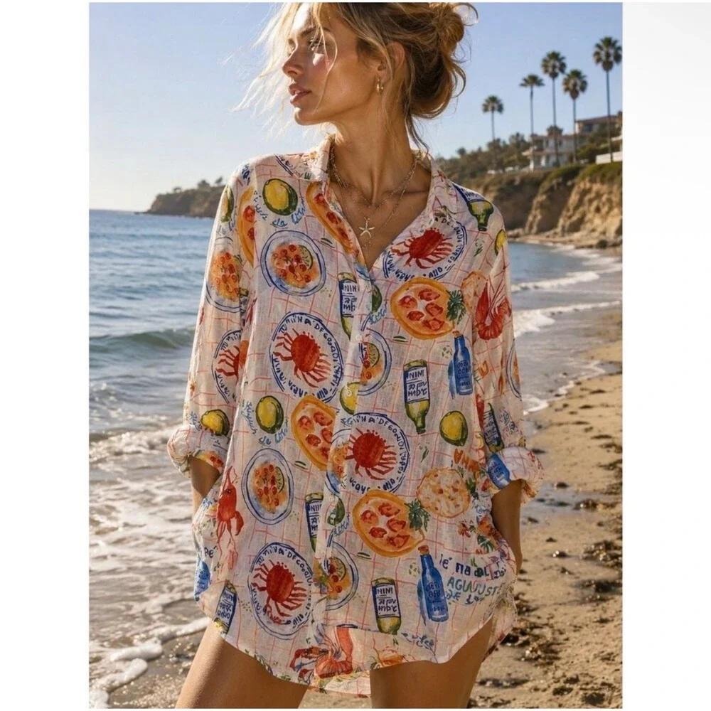 Calypso St Barth Seafood Print Tunic Top Sz L Linen Blend Beachy Coastal Novelty